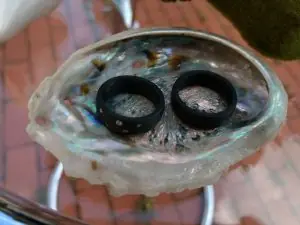 Zwei schwarze Eheringe, einer mit einigen Diamanten, in einer Muschelschale auf einem Glastisch.